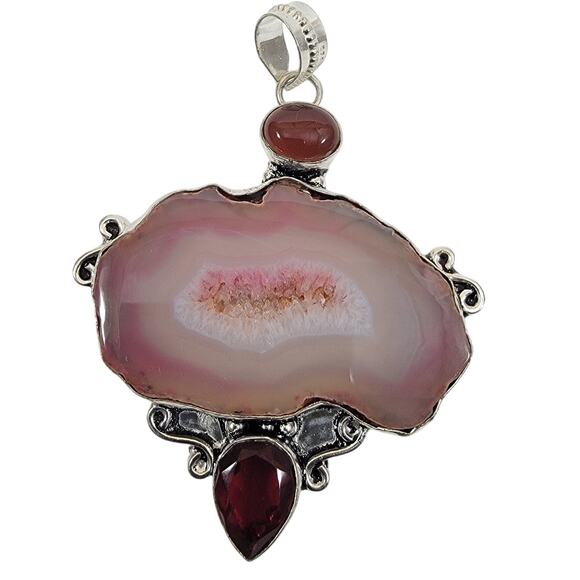 Handmade Silver Pendant Necklace with Pink Agate, Garnet & Jasper Cabochons - Picture 1 of 10